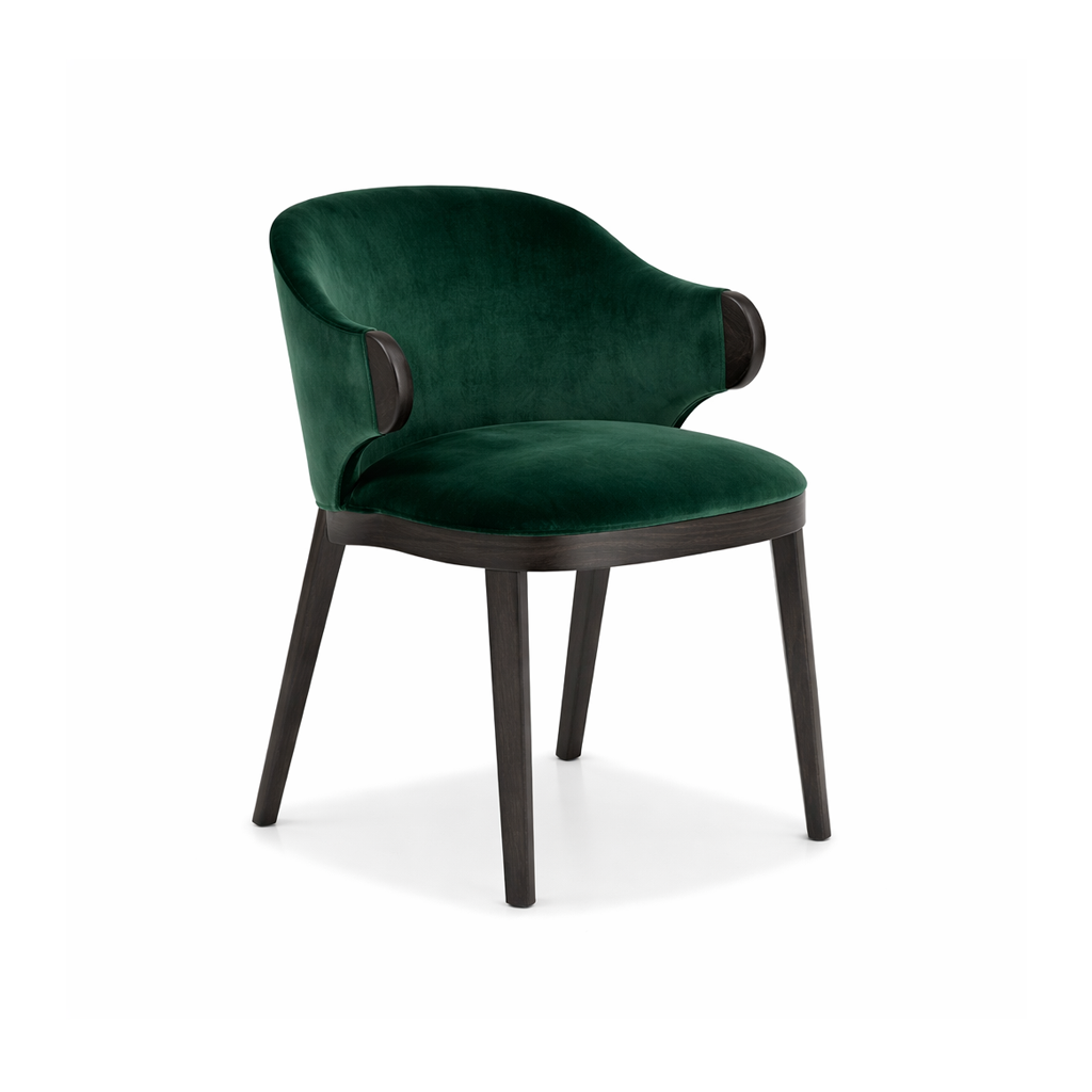 Green velvet chair with dark wood legs on a white background