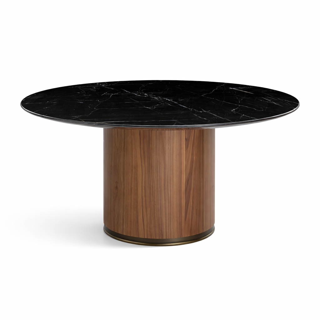 Round table with black marble top and wooden base on a white background