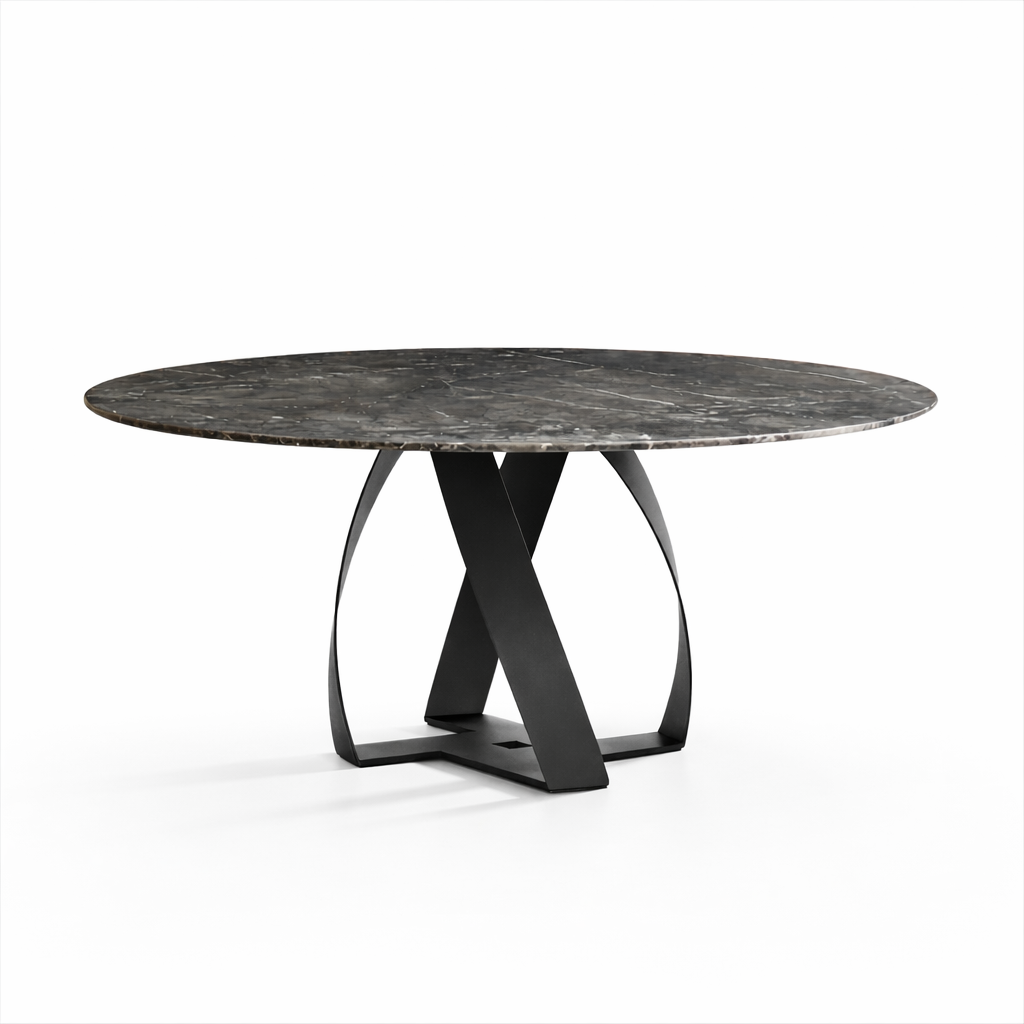 Round marble table with a black metal base on a white background