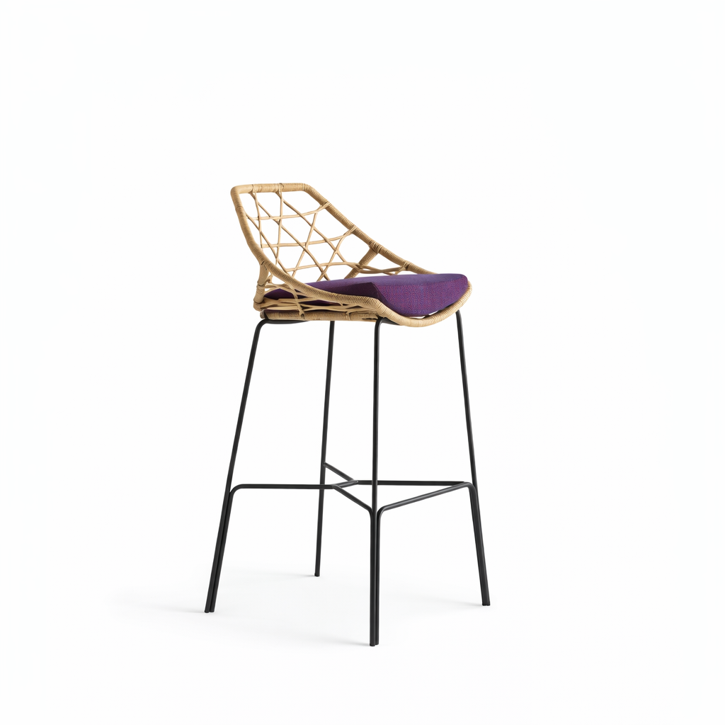 Bar stool with wicker backrest and purple cushion on a white background